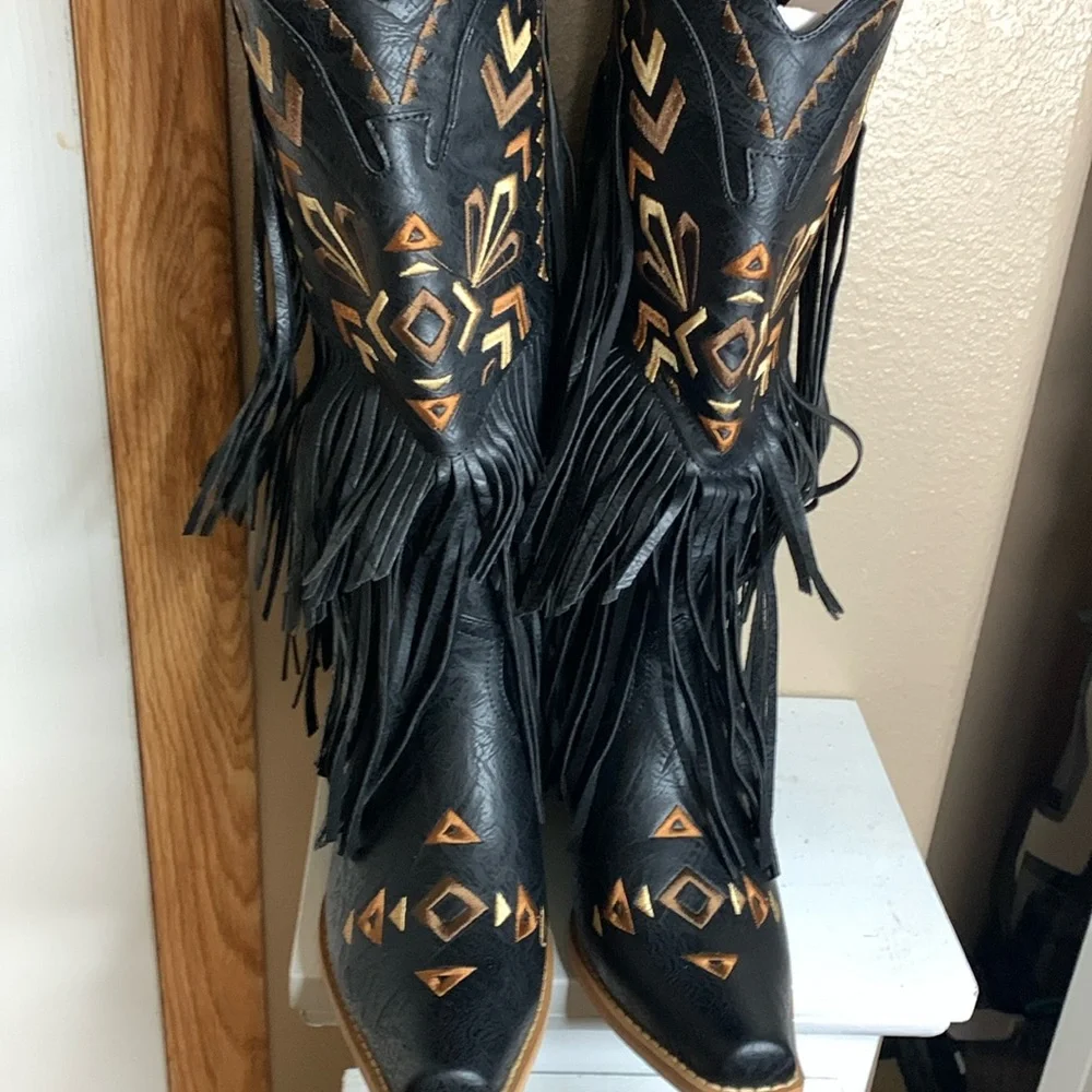 Western fringe embroidered black cowgirl boots NEW in box - Picture 4 of 7